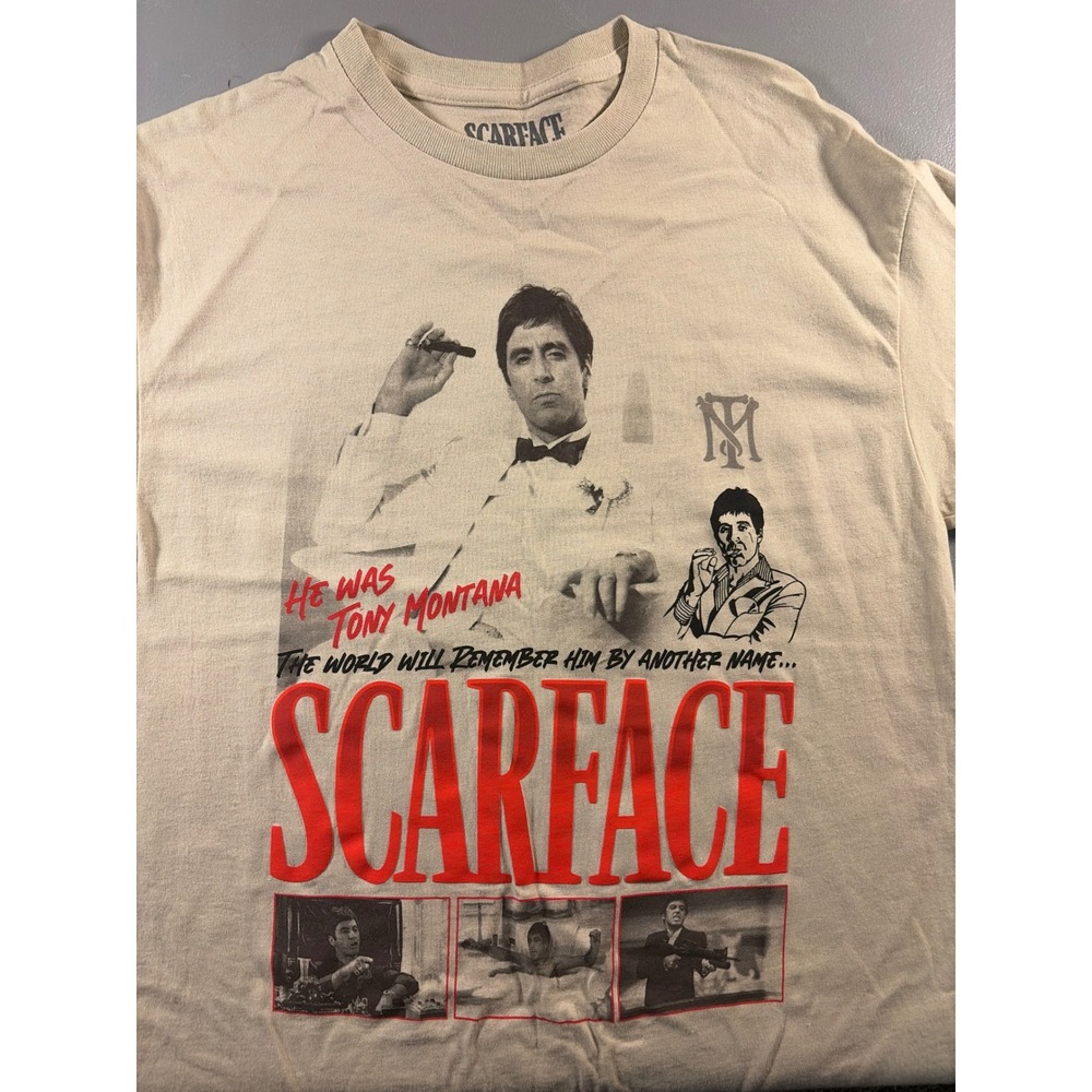 Scarface Graphic T-Shirt Mens Medium Tan Tony Montana Movie Promo Cotton Tee